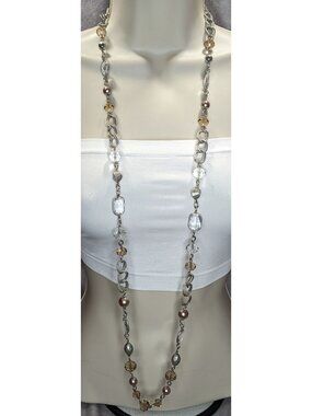 Boho Modern Glam Loft Long Layering Glass Crystal Beaded Necklace Silver Neutral
